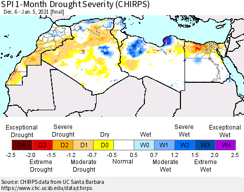 North Africa SPI 1-Month Drought Severity (CHIRPS) Thematic Map For 12/6/2020 - 1/5/2021