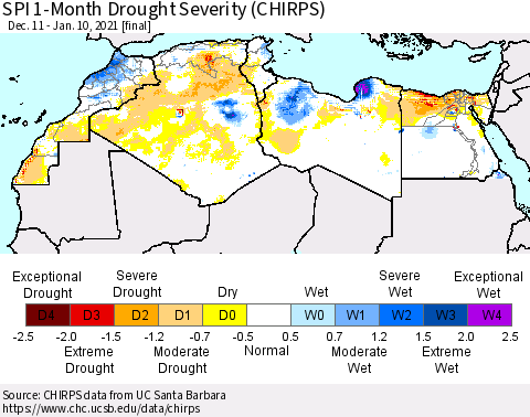 North Africa SPI 1-Month Drought Severity (CHIRPS) Thematic Map For 12/11/2020 - 1/10/2021