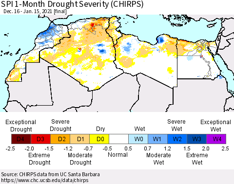 North Africa SPI 1-Month Drought Severity (CHIRPS) Thematic Map For 12/16/2020 - 1/15/2021