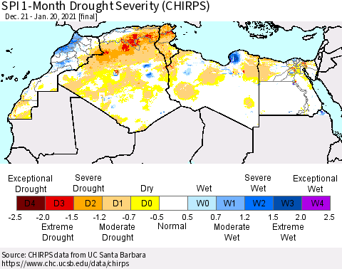 North Africa SPI 1-Month Drought Severity (CHIRPS) Thematic Map For 12/21/2020 - 1/20/2021