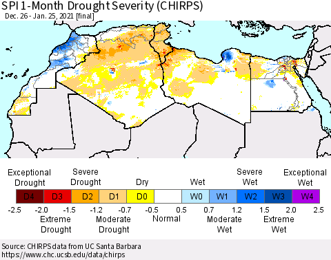 North Africa SPI 1-Month Drought Severity (CHIRPS) Thematic Map For 12/26/2020 - 1/25/2021