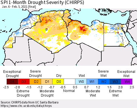 North Africa SPI 1-Month Drought Severity (CHIRPS) Thematic Map For 1/6/2021 - 2/5/2021