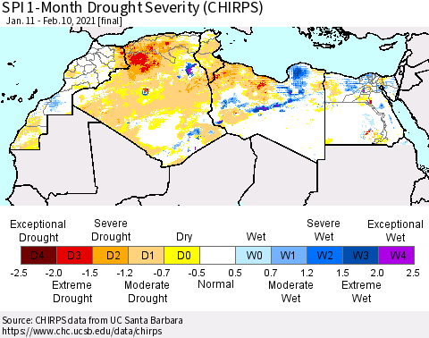 North Africa SPI 1-Month Drought Severity (CHIRPS) Thematic Map For 1/11/2021 - 2/10/2021