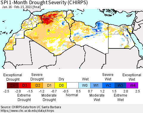 North Africa SPI 1-Month Drought Severity (CHIRPS) Thematic Map For 1/16/2021 - 2/15/2021