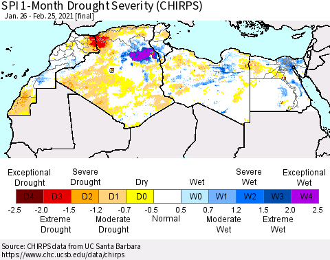 North Africa SPI 1-Month Drought Severity (CHIRPS) Thematic Map For 1/26/2021 - 2/25/2021