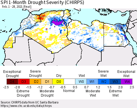 North Africa SPI 1-Month Drought Severity (CHIRPS) Thematic Map For 2/1/2021 - 2/28/2021