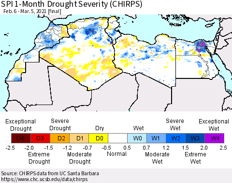 North Africa SPI 1-Month Drought Severity (CHIRPS) Thematic Map For 2/6/2021 - 3/5/2021