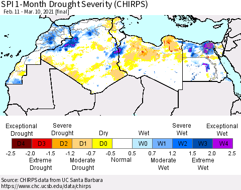 North Africa SPI 1-Month Drought Severity (CHIRPS) Thematic Map For 2/11/2021 - 3/10/2021
