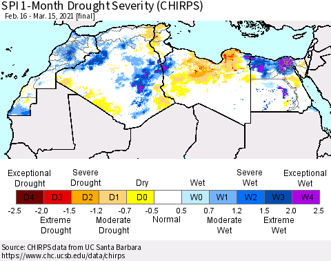 North Africa SPI 1-Month Drought Severity (CHIRPS) Thematic Map For 2/16/2021 - 3/15/2021