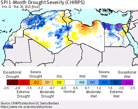 North Africa SPI 1-Month Drought Severity (CHIRPS) Thematic Map For 2/21/2021 - 3/20/2021