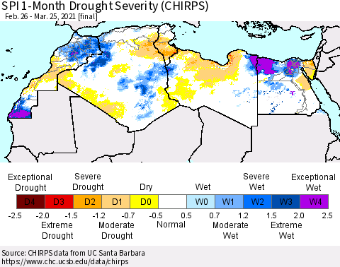 North Africa SPI 1-Month Drought Severity (CHIRPS) Thematic Map For 2/26/2021 - 3/25/2021