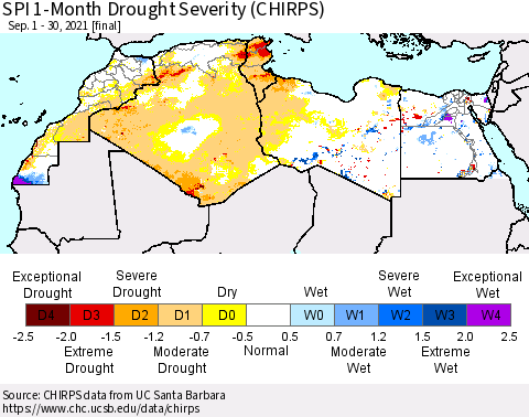 North Africa SPI 1-Month Drought Severity (CHIRPS) Thematic Map For 9/1/2021 - 9/30/2021