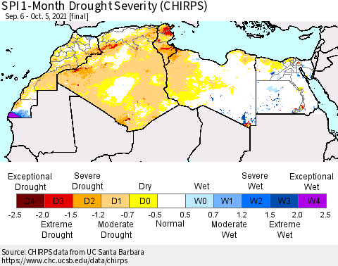 North Africa SPI 1-Month Drought Severity (CHIRPS) Thematic Map For 9/6/2021 - 10/5/2021