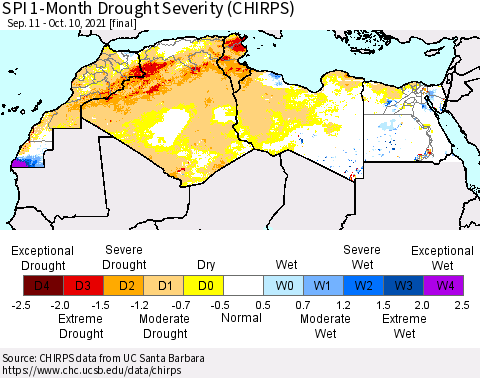 North Africa SPI 1-Month Drought Severity (CHIRPS) Thematic Map For 9/11/2021 - 10/10/2021