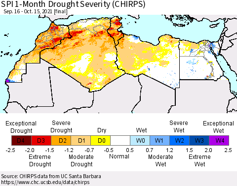 North Africa SPI 1-Month Drought Severity (CHIRPS) Thematic Map For 9/16/2021 - 10/15/2021