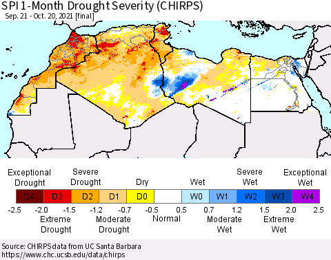 North Africa SPI 1-Month Drought Severity (CHIRPS) Thematic Map For 9/21/2021 - 10/20/2021
