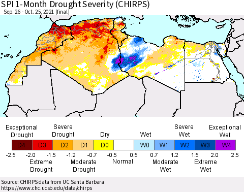 North Africa SPI 1-Month Drought Severity (CHIRPS) Thematic Map For 9/26/2021 - 10/25/2021