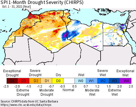 North Africa SPI 1-Month Drought Severity (CHIRPS) Thematic Map For 10/1/2021 - 10/31/2021