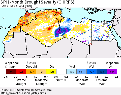 North Africa SPI 1-Month Drought Severity (CHIRPS) Thematic Map For 10/6/2021 - 11/5/2021