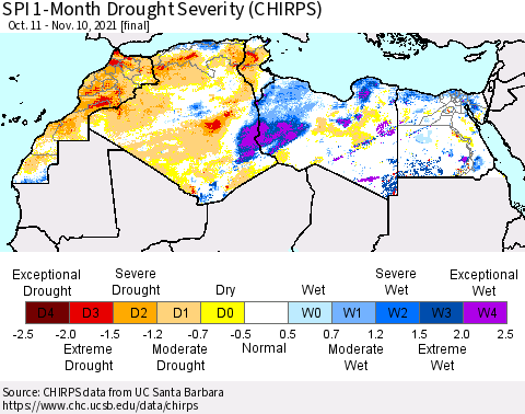 North Africa SPI 1-Month Drought Severity (CHIRPS) Thematic Map For 10/11/2021 - 11/10/2021