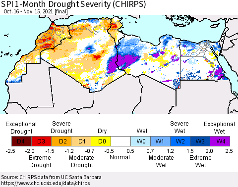 North Africa SPI 1-Month Drought Severity (CHIRPS) Thematic Map For 10/16/2021 - 11/15/2021