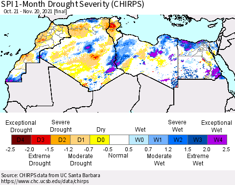 North Africa SPI 1-Month Drought Severity (CHIRPS) Thematic Map For 10/21/2021 - 11/20/2021