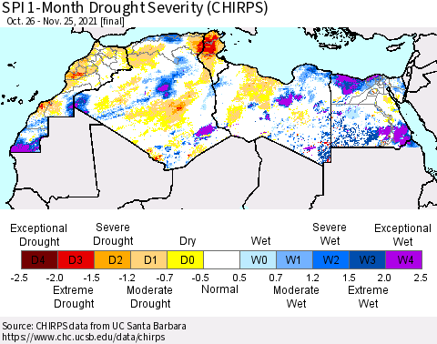 North Africa SPI 1-Month Drought Severity (CHIRPS) Thematic Map For 10/26/2021 - 11/25/2021