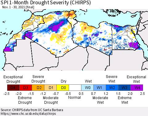North Africa SPI 1-Month Drought Severity (CHIRPS) Thematic Map For 11/1/2021 - 11/30/2021