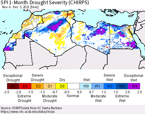 North Africa SPI 1-Month Drought Severity (CHIRPS) Thematic Map For 11/6/2021 - 12/5/2021