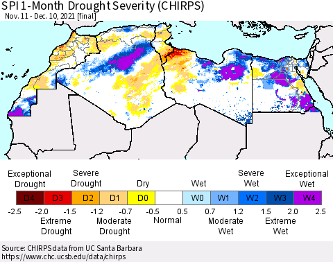 North Africa SPI 1-Month Drought Severity (CHIRPS) Thematic Map For 11/11/2021 - 12/10/2021