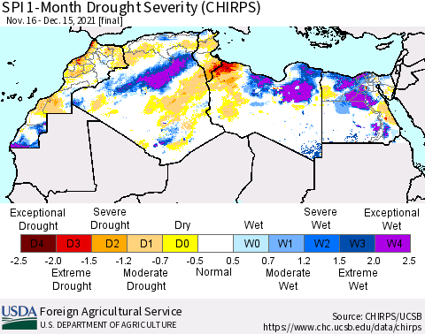 North Africa SPI 1-Month Drought Severity (CHIRPS) Thematic Map For 11/16/2021 - 12/15/2021