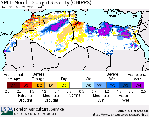 North Africa SPI 1-Month Drought Severity (CHIRPS) Thematic Map For 11/21/2021 - 12/20/2021