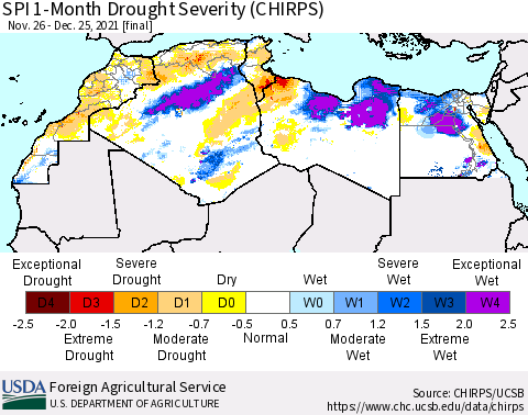 North Africa SPI 1-Month Drought Severity (CHIRPS) Thematic Map For 11/26/2021 - 12/25/2021