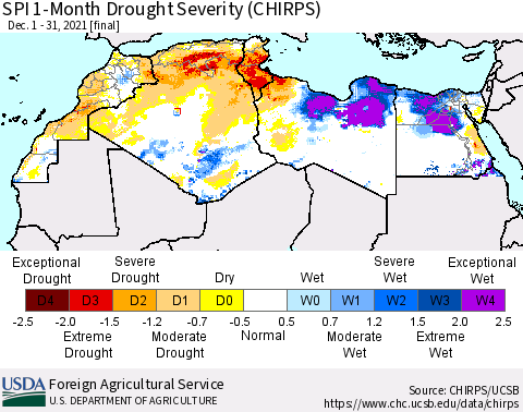 North Africa SPI 1-Month Drought Severity (CHIRPS) Thematic Map For 12/1/2021 - 12/31/2021
