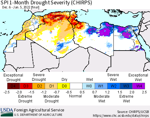 North Africa SPI 1-Month Drought Severity (CHIRPS) Thematic Map For 12/6/2021 - 1/5/2022