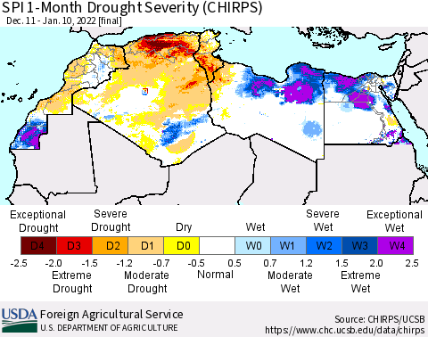 North Africa SPI 1-Month Drought Severity (CHIRPS) Thematic Map For 12/11/2021 - 1/10/2022