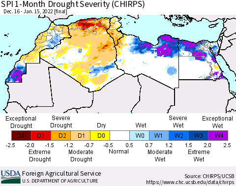 North Africa SPI 1-Month Drought Severity (CHIRPS) Thematic Map For 12/16/2021 - 1/15/2022