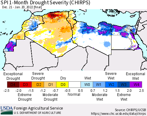 North Africa SPI 1-Month Drought Severity (CHIRPS) Thematic Map For 12/21/2021 - 1/20/2022