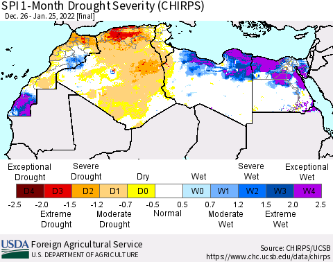 North Africa SPI 1-Month Drought Severity (CHIRPS) Thematic Map For 12/26/2021 - 1/25/2022