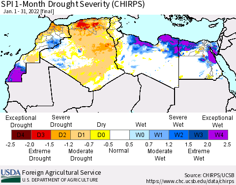 North Africa SPI 1-Month Drought Severity (CHIRPS) Thematic Map For 1/1/2022 - 1/31/2022