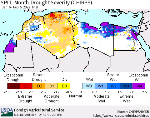 North Africa SPI 1-Month Drought Severity (CHIRPS) Thematic Map For 1/6/2022 - 2/5/2022