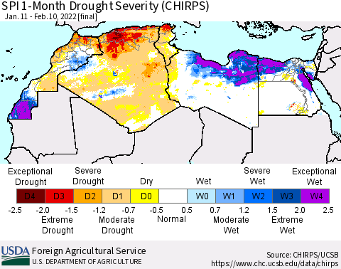 North Africa SPI 1-Month Drought Severity (CHIRPS) Thematic Map For 1/11/2022 - 2/10/2022