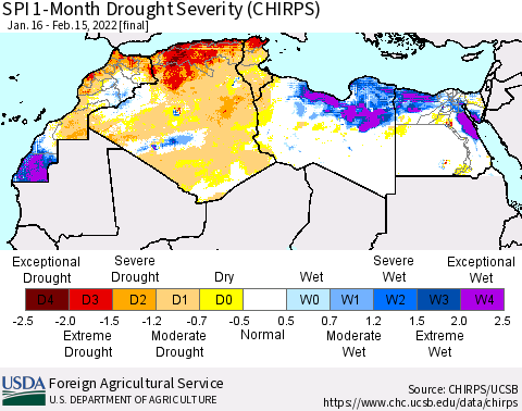 North Africa SPI 1-Month Drought Severity (CHIRPS) Thematic Map For 1/16/2022 - 2/15/2022
