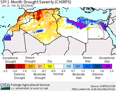 North Africa SPI 1-Month Drought Severity (CHIRPS) Thematic Map For 1/21/2022 - 2/20/2022