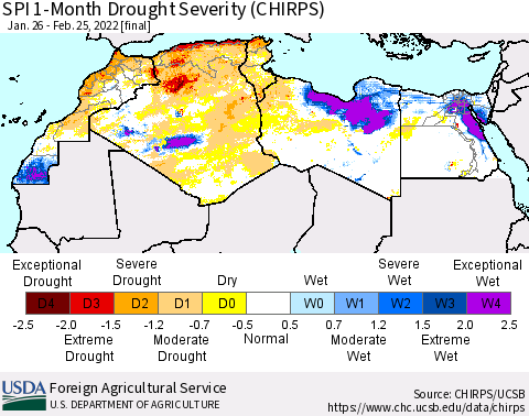 North Africa SPI 1-Month Drought Severity (CHIRPS) Thematic Map For 1/26/2022 - 2/25/2022