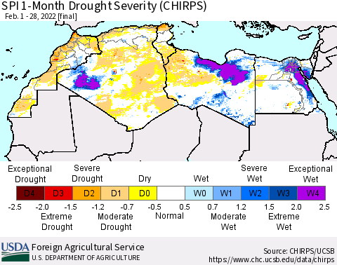 North Africa SPI 1-Month Drought Severity (CHIRPS) Thematic Map For 2/1/2022 - 2/28/2022