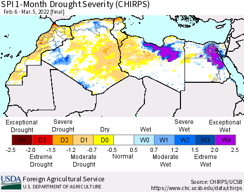 North Africa SPI 1-Month Drought Severity (CHIRPS) Thematic Map For 2/6/2022 - 3/5/2022