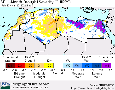 North Africa SPI 1-Month Drought Severity (CHIRPS) Thematic Map For 2/11/2022 - 3/10/2022