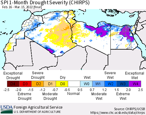 North Africa SPI 1-Month Drought Severity (CHIRPS) Thematic Map For 2/16/2022 - 3/15/2022