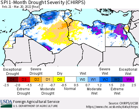 North Africa SPI 1-Month Drought Severity (CHIRPS) Thematic Map For 2/21/2022 - 3/20/2022
